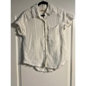 We The Free Button Down XS White Gauze Cotton Linen Raw Hem Top Boho Chic Casual